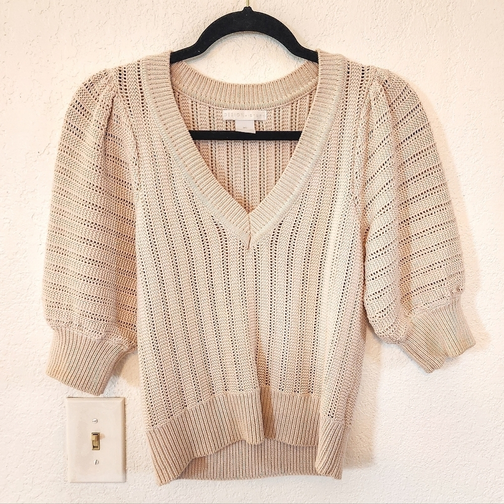 Design History Evereve Cream V-Neck Crochet Sweater Size XS Cortagecore Prairie